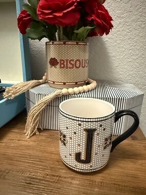 Anthropologie bistro tile mug letter J cream black gold modern contemporary home